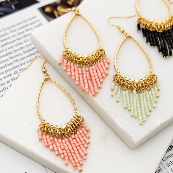 NEW Tear Drop Hoop Beaded Tassel Fringe Drop Statement Earrings Black Ivory Pink - Picture 2 of 9